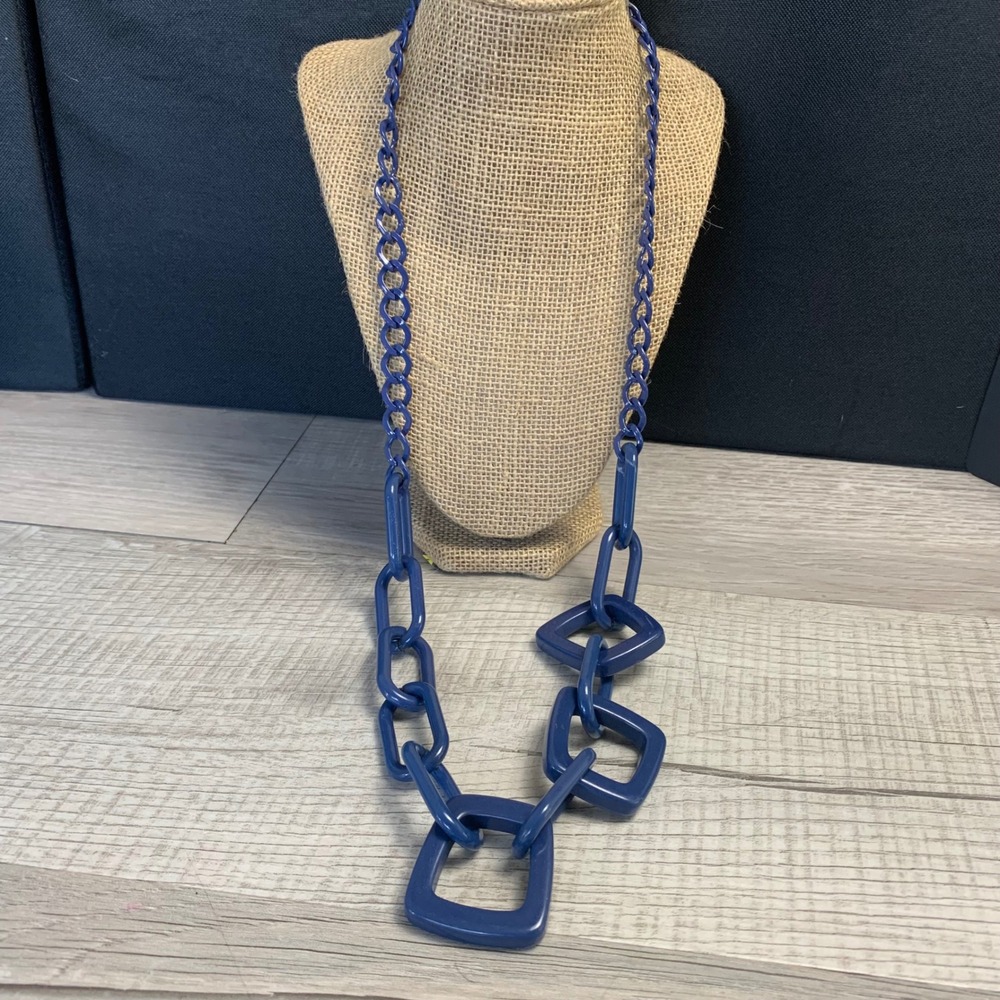 Navy Blue Chunky Acrylic Chain Necklace Geometric Square Link 32 Inch Statement